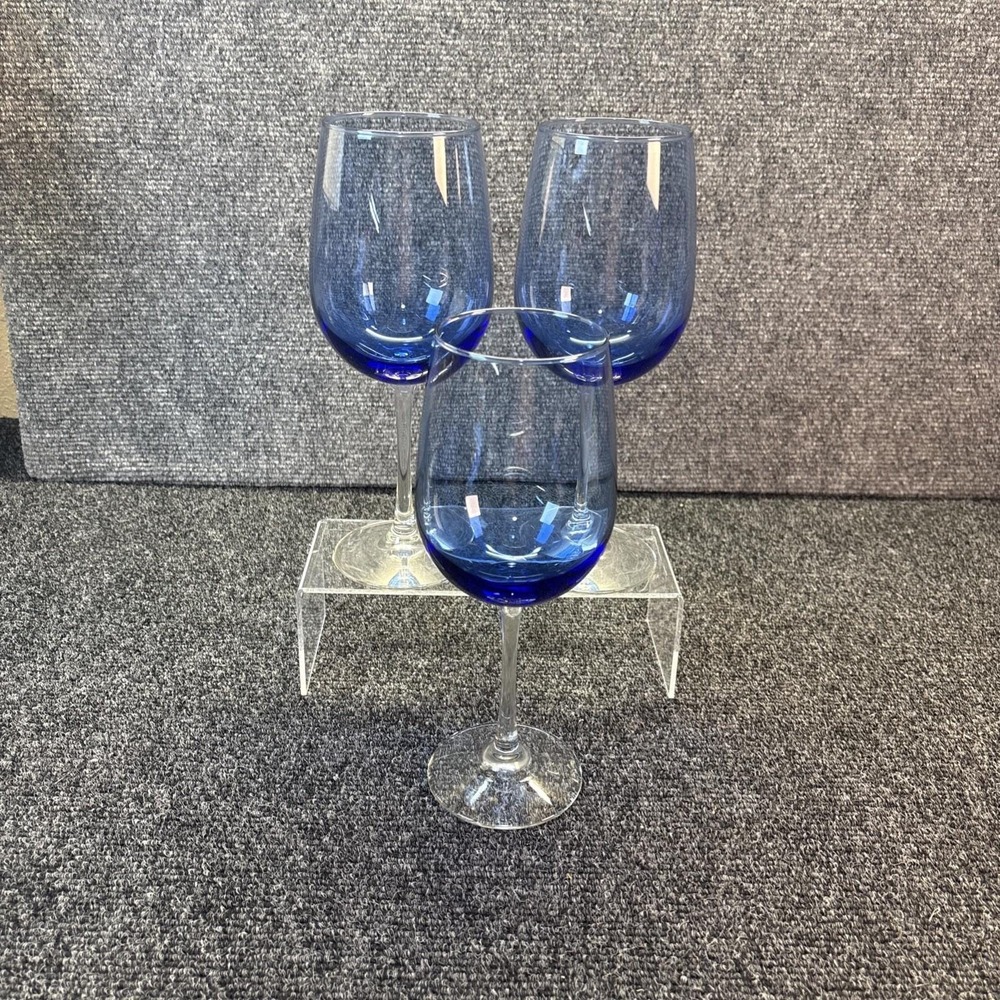 Vtg~Libbey~Vina Blue Wine Glasses~Set of 3~Clear Stem~9.25"